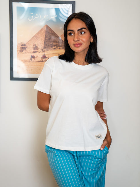 Women summer pajama set White Tee + Teal X White Stripes Pants